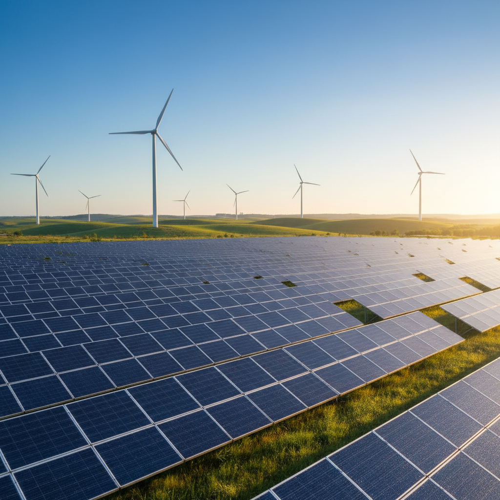 Solar farm with wind turbines at sunrise